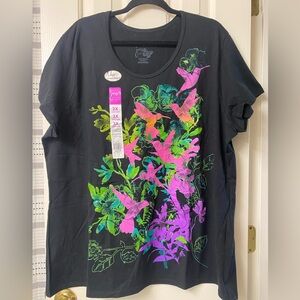 Just My Size Black T-Shirt with Colorful Bird and Leaf Design size 3X 22W/24W
